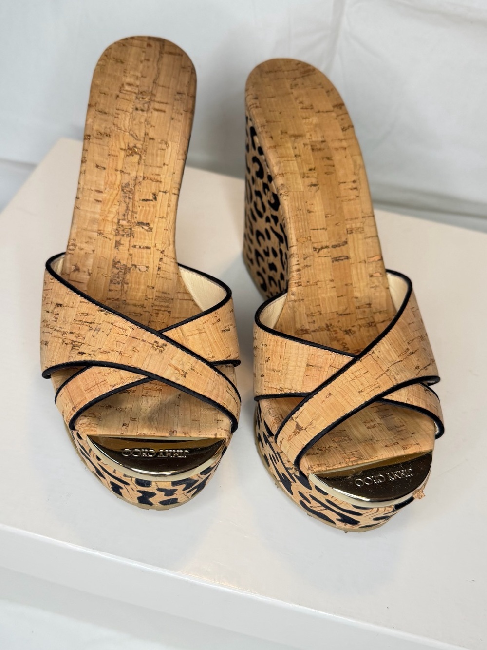 Jimmy Choo Cork Crisscross Platform Mules with Leopard Print Accents